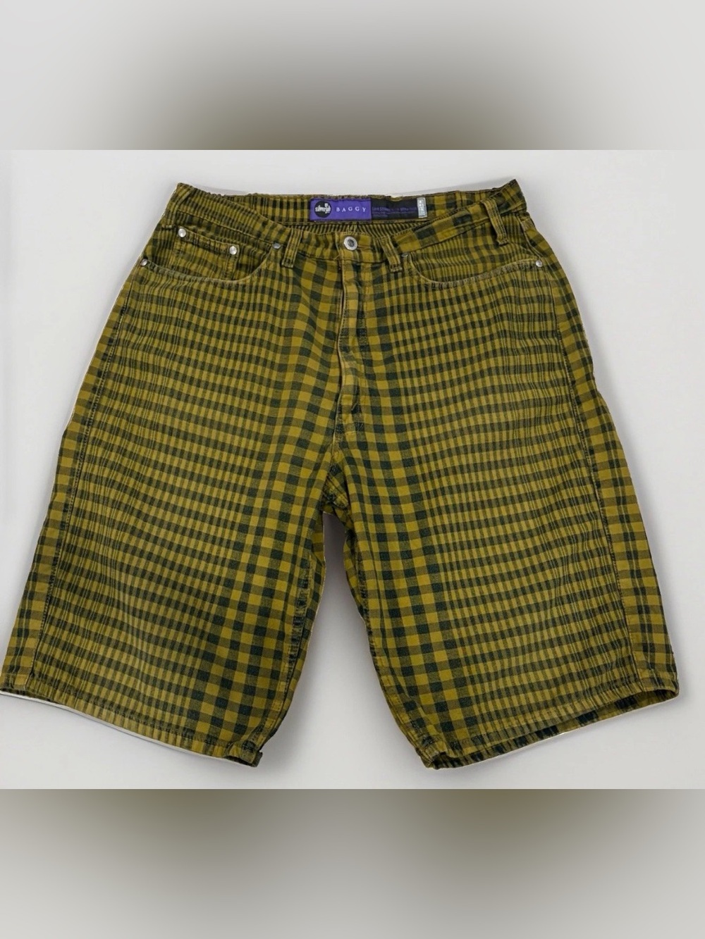 90s Vintage Levi's SilverTab Baggy Plaid Shorts Purple Label Yellow Size 32